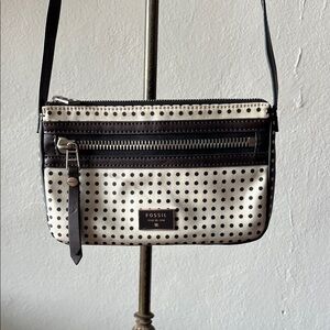 FOSSIL Dawson Black & White Polka Dot Canvas Crossbody Purse Shoulder Bag
